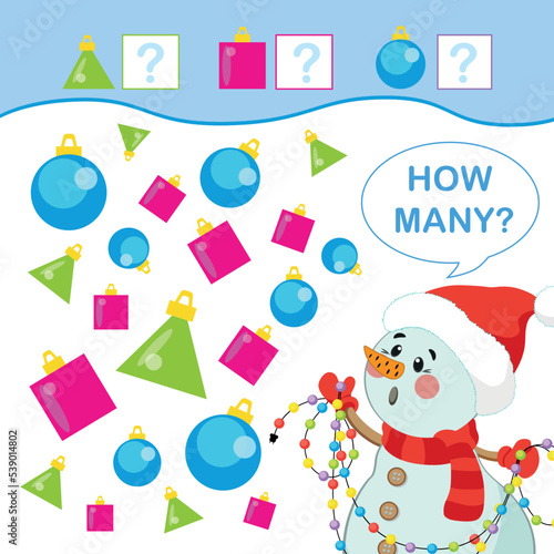 Math game for kids. how many christmas balls. snowman and Christmas balls.