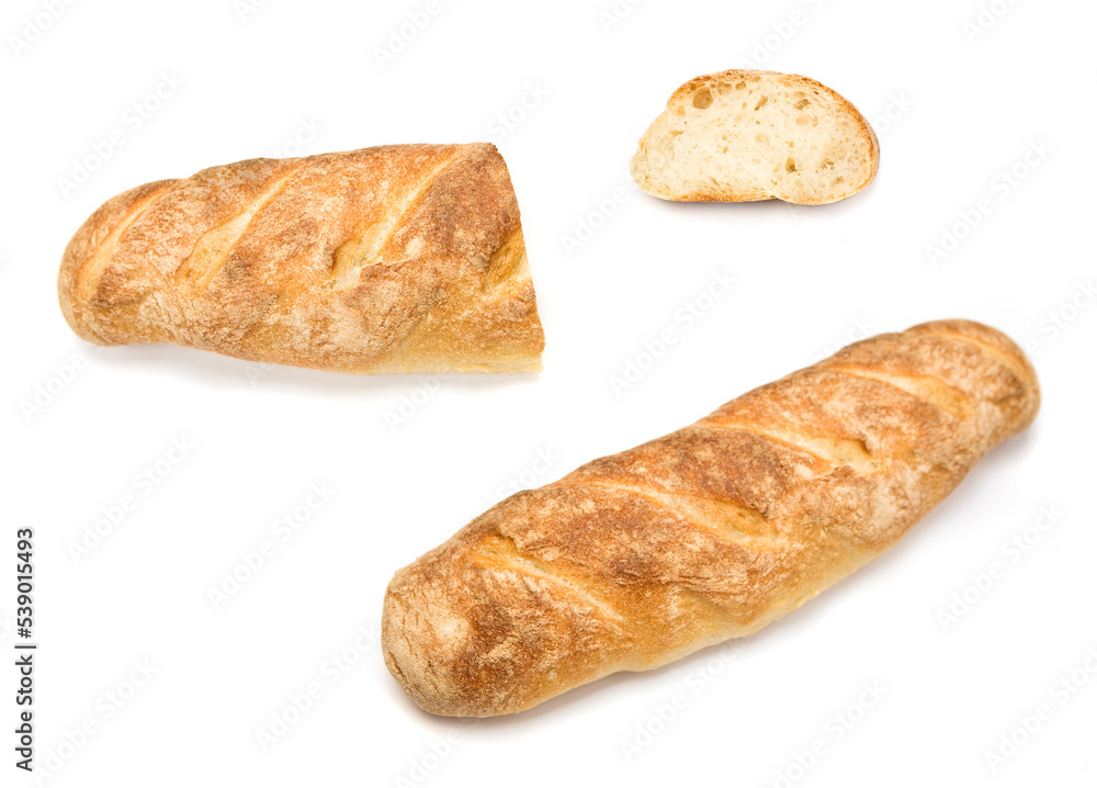 Homemade French long loaf with a part and a slice aside Homemade French long loaf with a part and a slice aside
