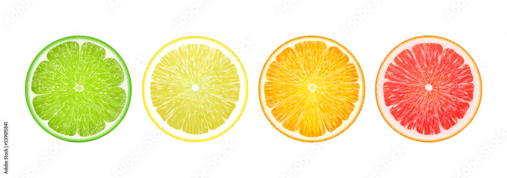 Set of juicy citrus slices. Realistic 3d vector illustration. Lemon, orange, grapefruit, lime icons set. Bright colorful Isolated elements on white background. For creative designs, logos, stickers