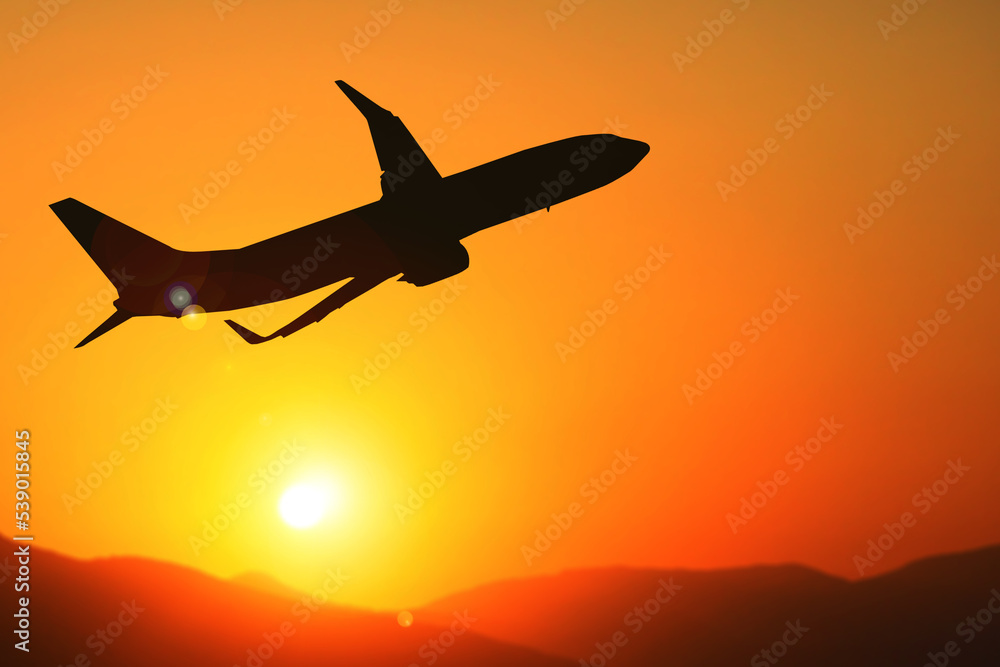 Passenger planes taking off from the airport in the evening. Travel and travel concepts around the world.