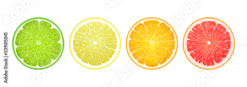 Set of juicy citrus slices. Realistic 3d vector illustration. Lemon, orange, grapefruit, lime icons set. Bright colorful Isolated elements on white background. For creative designs, logos, stickers photo