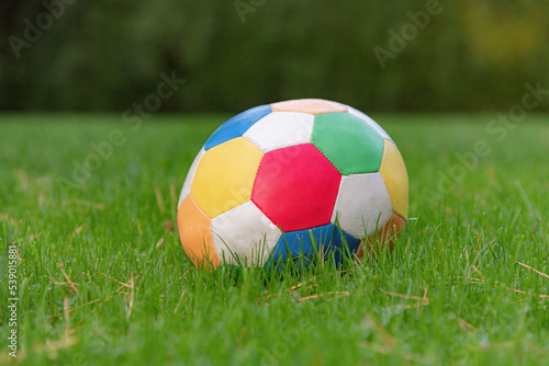 A colored soccer ball lies on the green grass.
