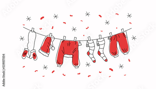 Funny winter banner with Santa clothes. Christmas, New Year vector drawings in doodle style. Hand drawing. Isolated background. Vector illustration.