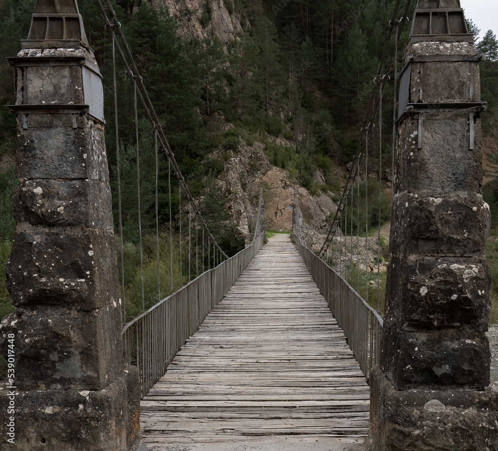 Naklejka premium a stone pier, cable stay suspension foot bridge over a mountain river 