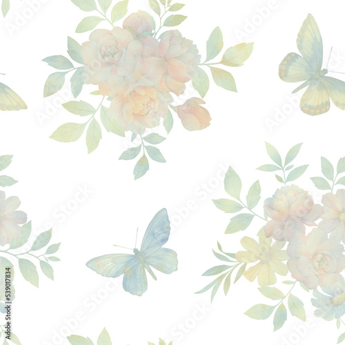 Butterflies and flowers  seamless botanical pattern. Abstract background of flowers and butterflies for wallpaper  print  wrapping paper.