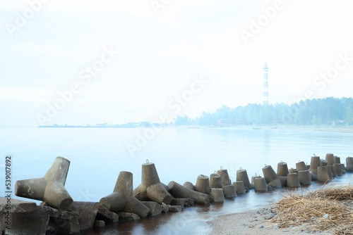 Coastal morning landscape with breakwaters and the lighthouse in the mist. High quality photo