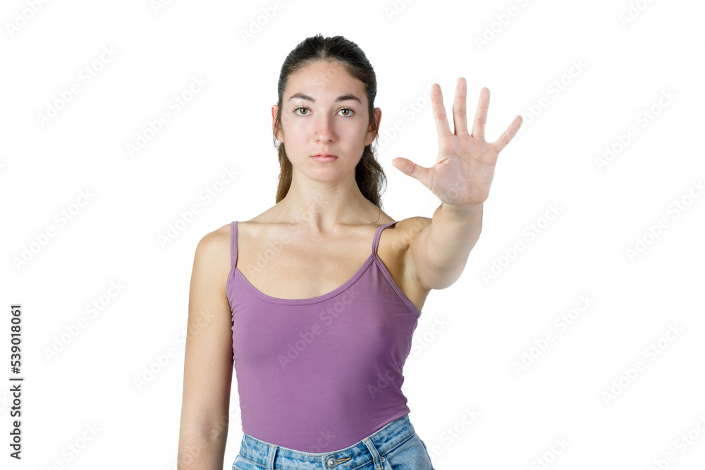 Woman gesturing stop sign with hand - Domestic and sexual violence concept. White background. Woman gesturing stop sign with hand - Domestic and sexual violence concept. White background.