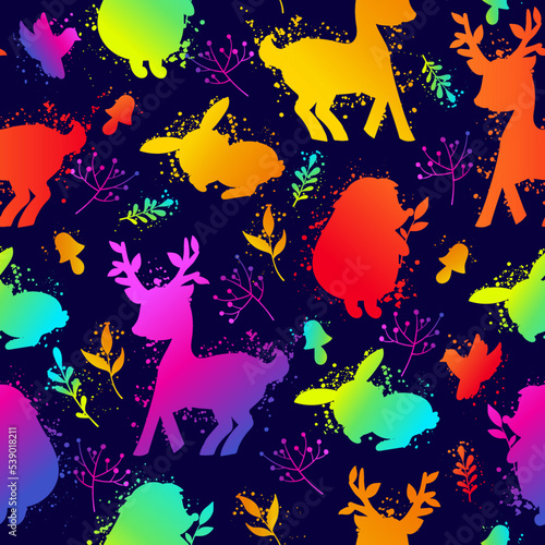 Seamless neon pattern with funny forest dwellers and paint splashes in vector. Bright children's background for textiles and fabrics. Texture with animals deer, hedgehog, bunny. Template for design.