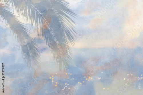 Watercolor background and photo of an evening landscape with a palm branch. Landscape with the lights of an evening resort town.