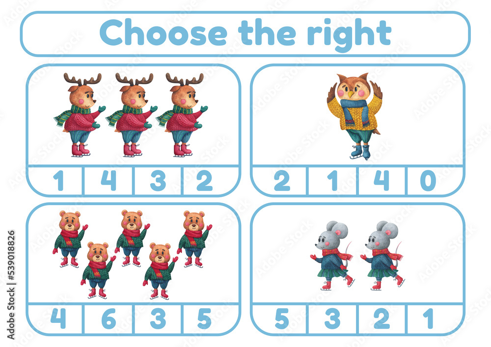 Winter Activity page, sheet for kids. Arithmetic task at the expense of animals. A math game for teaching a child. An exercise for learning numbers. An account lesson for a preschooler.