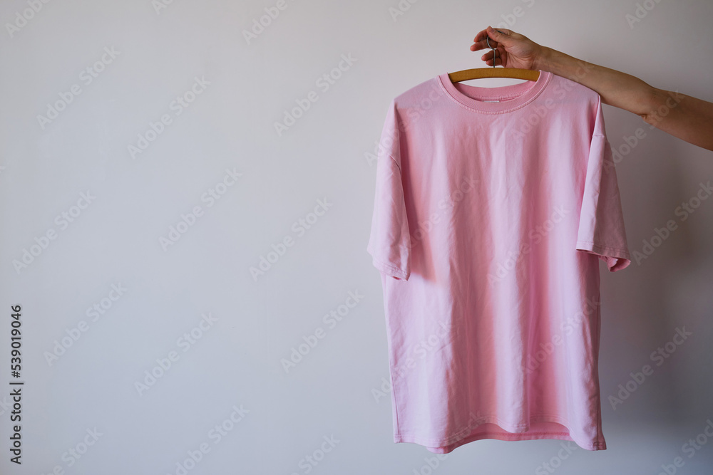 Pink t-shirt on a hanger in hands on a light background. Space for copy. Clothes on hangers
Pink t-shirt on a hanger in hands on a light background. Space for copy. Clothes on hangers