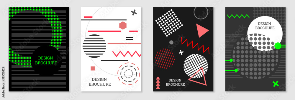 Set of cover design in Memphis style. Geometric design, abstract background. Fashionable bright cover, banner, poster, booklet. Creative colors. Set of cover design in Memphis style. Geometric design, abstract background. Fashionable bright cover, banner, poster, booklet. Creative colors.