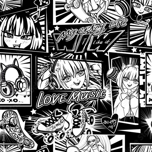 Anime girl seamless pattern with street art style wording, headphones with cat ears, rollers skates, skateboards, comic boards. Black and white girlish comics repeat print 