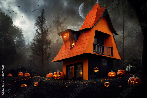 Black and orange house with Halloween theme, 3d render © Marius