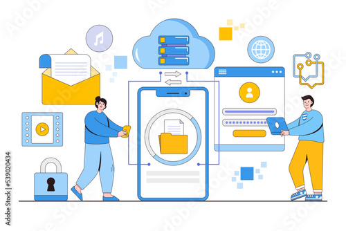 Flat business cloud technology on mobile phone or smartphone device with team administrator and developer working concept. Outline design style minimal vector illustration