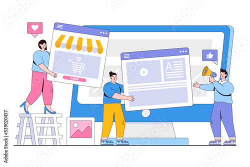 Flat developer and designer team create online shop or store concept. Outline design style minimal vector illustration