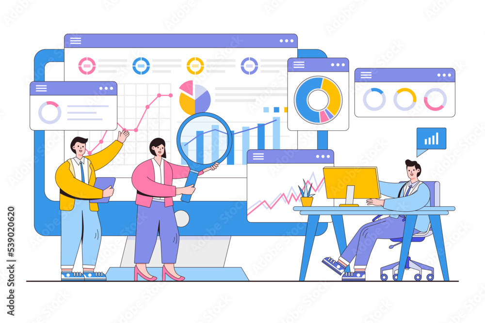 Flat business people analytics and monitoring finance report graph on monitor concept. Outline design style minimal vector illustration
