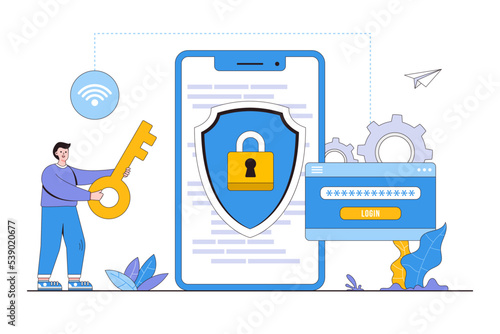 Flat developer setting security system for protect data account and user key password for login mobile phone application concept. Outline design style minimal vector illustration