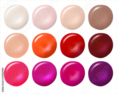Set of different nail polishes samples on white background, top view. Round colored paint drops. Vector illustration EPS 10