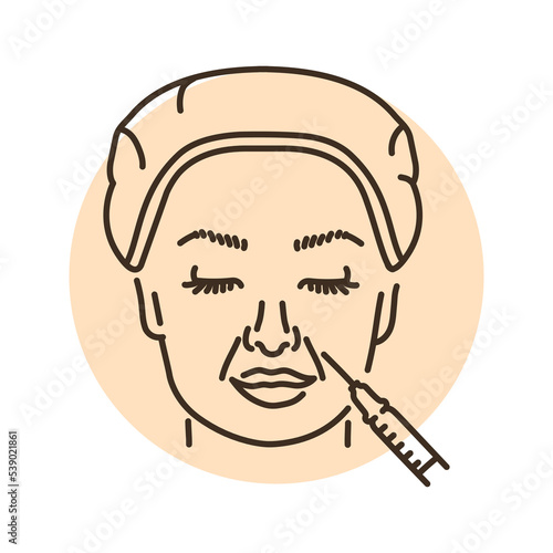 Botulinum therapy of facial wrinkles color line illustration. Hyaluronic injection.