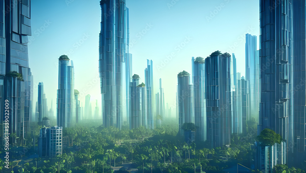city skyline at sunset - utopia - future - ecological green city concept - bright light