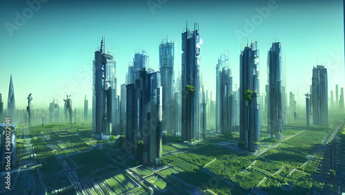 city skyline at sunset - utopia - future - ecological green city concept - bright light
