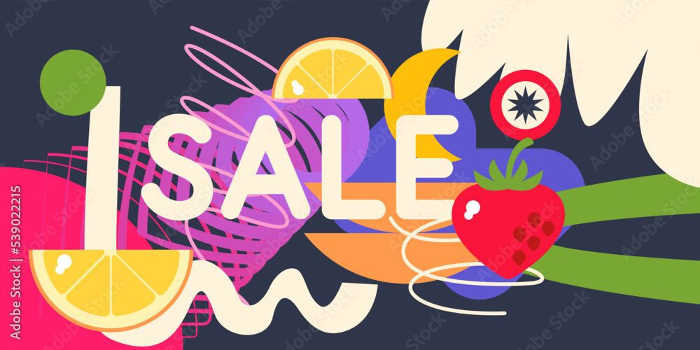 The original advertising poster of the sale. Vector illustration. A composition with geometric shapes and fruits.