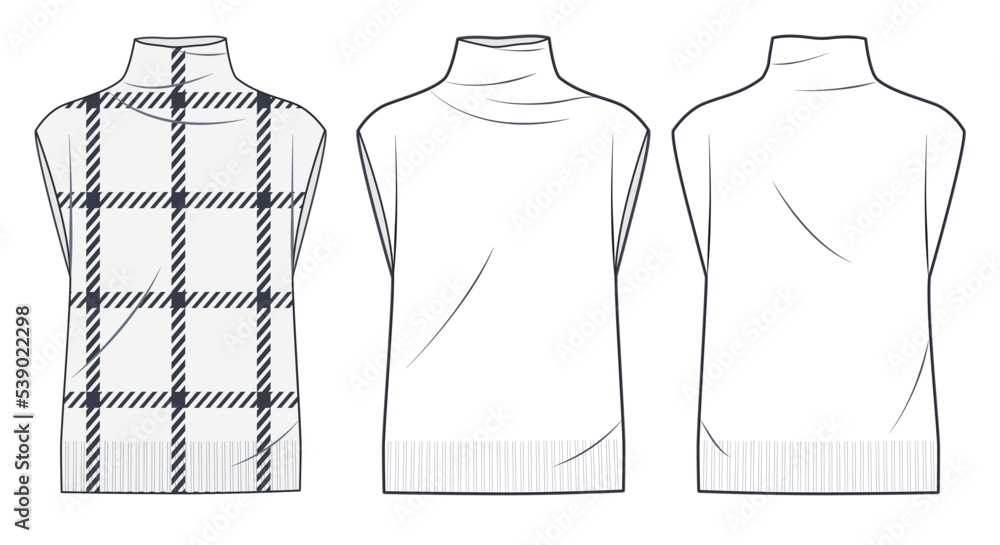 Sweater Vest technical fashion illustration, plaid design. Knitted Vest technical flat drawing