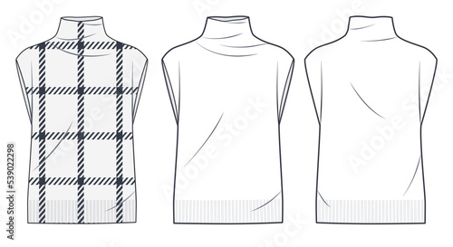 Sweater Vest technical fashion illustration, plaid design. Knitted Vest technical flat drawing template, roll neck, oversize, front and back view, white, women, men, unisex CAD mockup set.