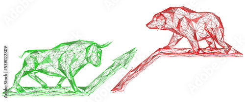 The green bull and the red bear stand on the arrows of growth and decline. Polygonal design of lines and points.