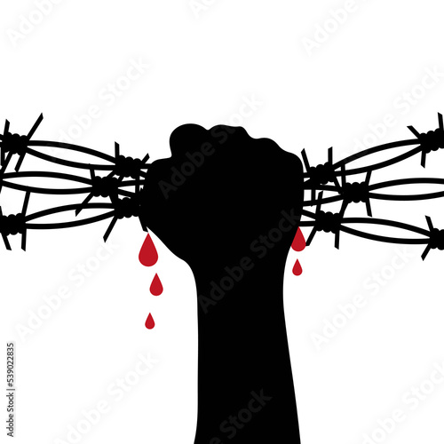 Illustration with hand squeezing barbed wire isolated on white background