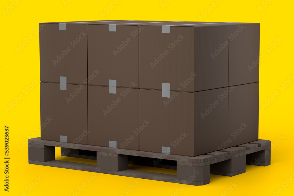 Set of wooden pallet for warehouse cargo storage with cardboard boxes on yellow Set of wooden pallet for warehouse cargo storage with cardboard boxes on yellow