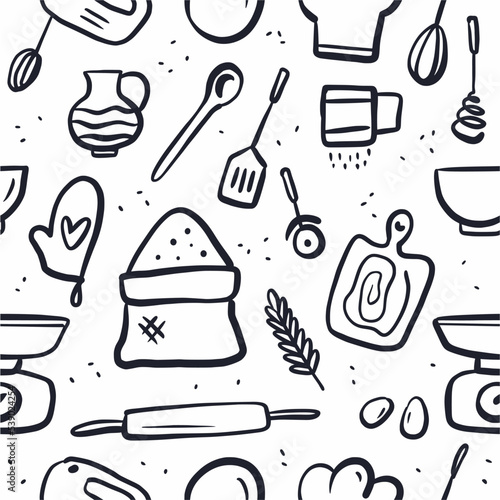 Vector pattern of kitchen utensils and baking dishes, hand-drawn in the style of a doodle.