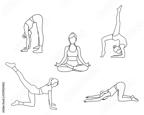 Five different yoga pilates positions poses in line art on white background
