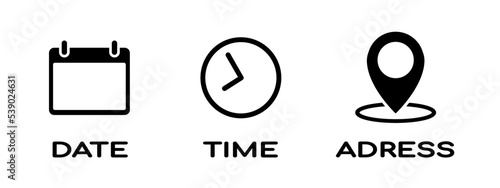 Calendar, clock and location icon set in flat style. Date, time, address symbols isolated on white background Simple abstract icons in black Vector illustration for graphic design, Web, UI, mobile app