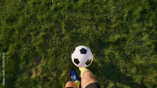POV from Player’s Perspective  Kicks Ball with His Feet. Football Player at Practice Doing Tricks with  Ball. Soccer World Cup
