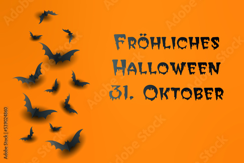 Karte oder Banner für eine fröhliche Halloween-Party am 31. Oktober in Schwarz auf orangefarbenem Hintergrund mit schwarzen Fledermäusen