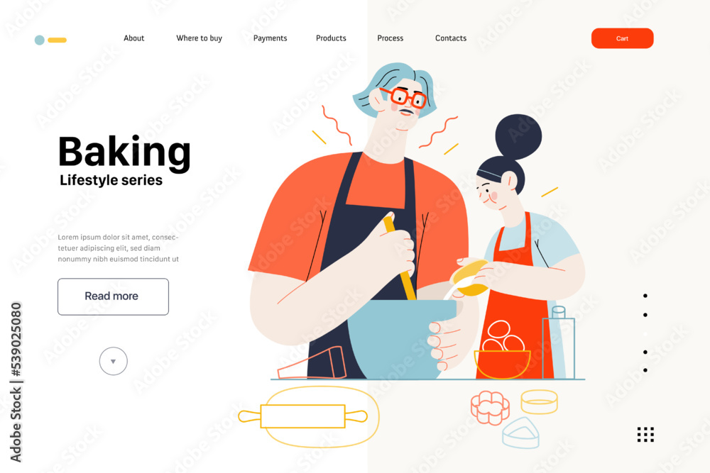 Lifestyle web template -Baking -modern flat vector illustration of a man and a girl wearing aprons making dough baking cookies. The girl is pouring some milk into mixture. People activities concept Lifestyle web template -Baking -modern flat vector illustration of a man and a girl wearing aprons making dough baking cookies. The girl is pouring some milk into mixture. People activities concept