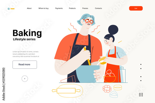 Lifestyle web template -Baking -modern flat vector illustration of a man and a girl wearing aprons making dough baking cookies. The girl is pouring some milk into mixture. People activities concept