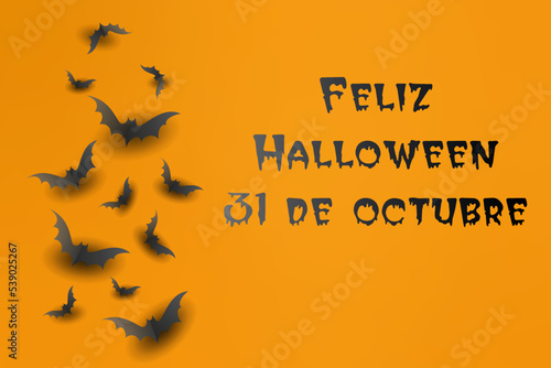 tarjeta o pancarta para una feliz fiesta de halloween el 31 de octubre en negro sobre un fondo naranja con murciélagos negros