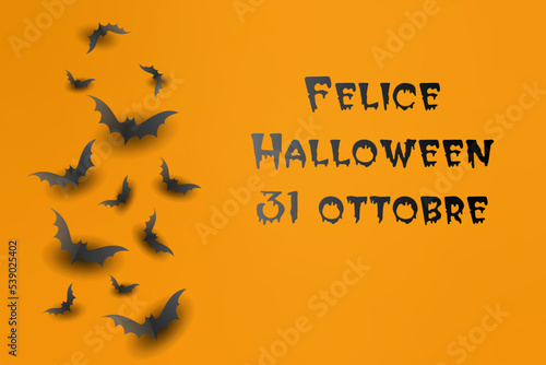 carta o banner per una felice festa di Halloween il 31 ottobre in nero su sfondo arancione con pipistrelli neri