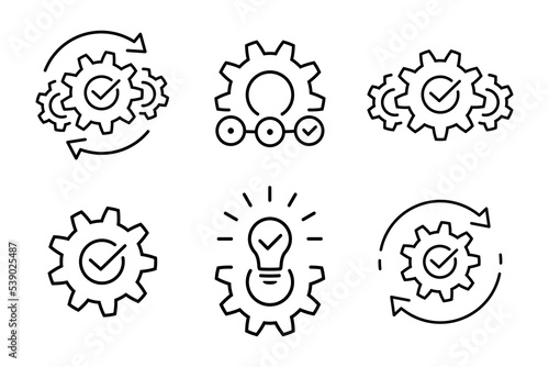 Effective solution icon set in flat. Successful idea symbols on white. Process or operations thin line icons in black. Cogs or gears with check. Vector illustration for graphic design, Web, UI, app.