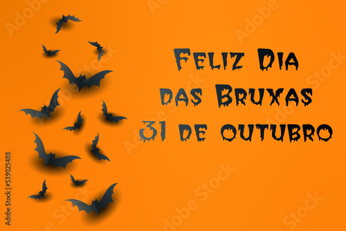 cartão ou banner para uma festa de halloween feliz em 31 de outubro em preto sobre um fundo laranja com morcegos pretos