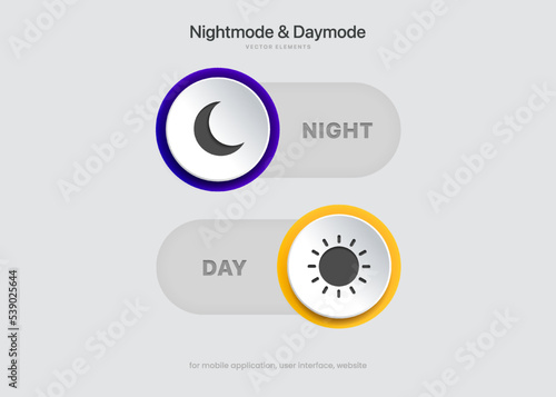 On and off toggle switch buttons. Light and Dark mode buttons. Day and night mode switch buttons for mobile app, web design, animation.