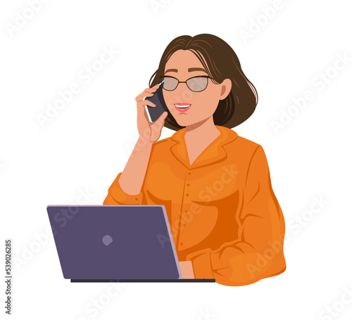 A girl in an orange blouse is talking on the phone while sitting at a laptop. Style without a face. Vector illustration isolated on white background