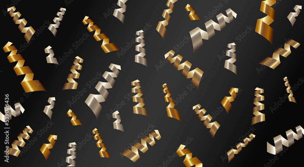 Falling bright shiny gold and silver serpentine on black background. Christmas, New Year, Birthday, Valentines Day background. Design element. Copy space Vector illustration. Falling bright shiny gold and silver serpentine on black background. Christmas, New Year, Birthday, Valentines Day background. Design element. Copy space Vector illustration.