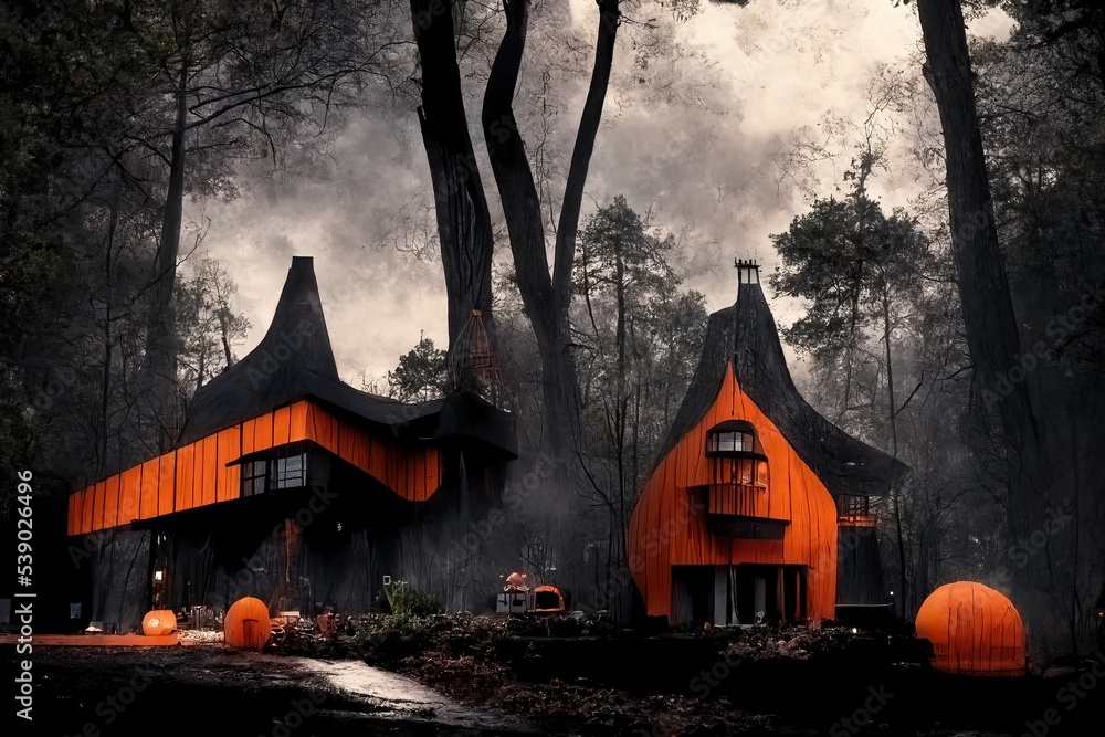 Obraz premium Black and orange house with Halloween theme, 3d render
