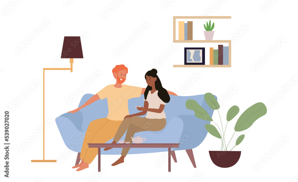Couple eat food. Man and woman hug and sit on couch. Happy family drinking tea or coffee at home, hot drinks. Leisure and relax. Friends communicate at room. Cartoon flat vector illustration