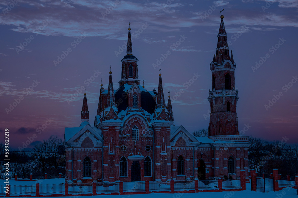 Winter photo of an Orthodox church in Gothic style