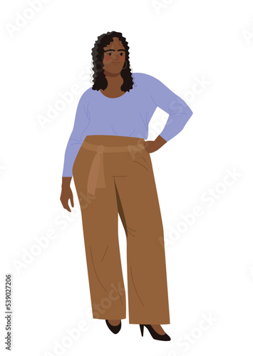Person with big chubby figure. Beautiful african american woman in plus size clothes. Female character with plump body. Body positivity. Cartoon flat vector illustration isolated on white background